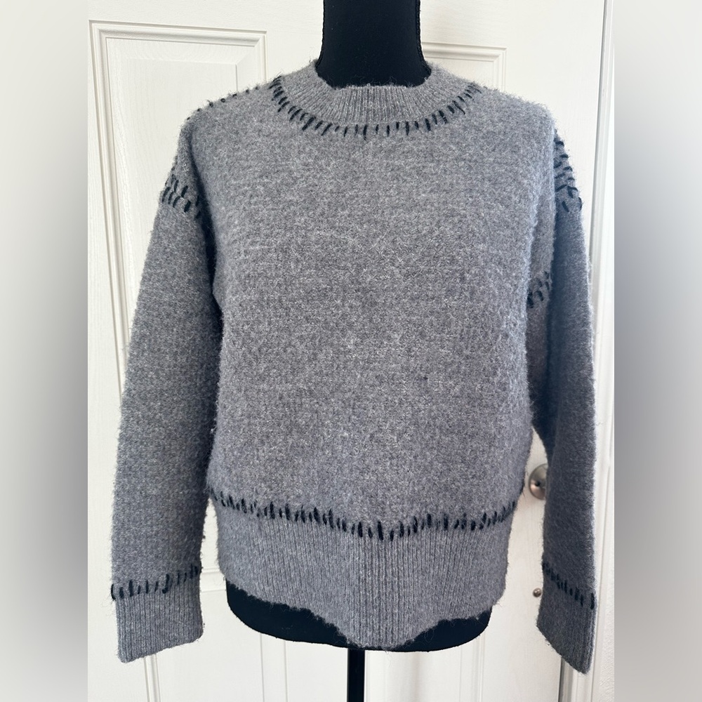 And Now This…Cozy Grey Knit Sweater with Contrast Navy Whip Stitch Detail, Small